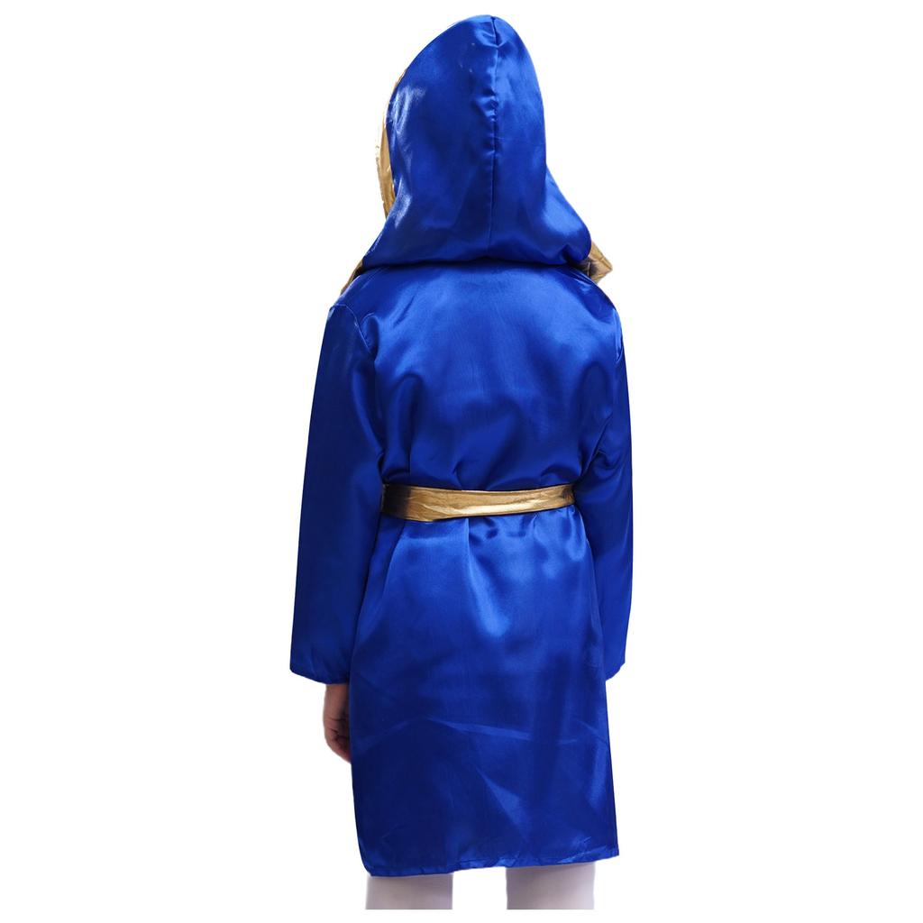 Unisex Çocuk Boks Robası Cadılar Bayramı Cosplay Kostümü Uzun Kollu Önü Açık Metalik Kenarlı Saten Kapüşonlu Pelerin Kemer