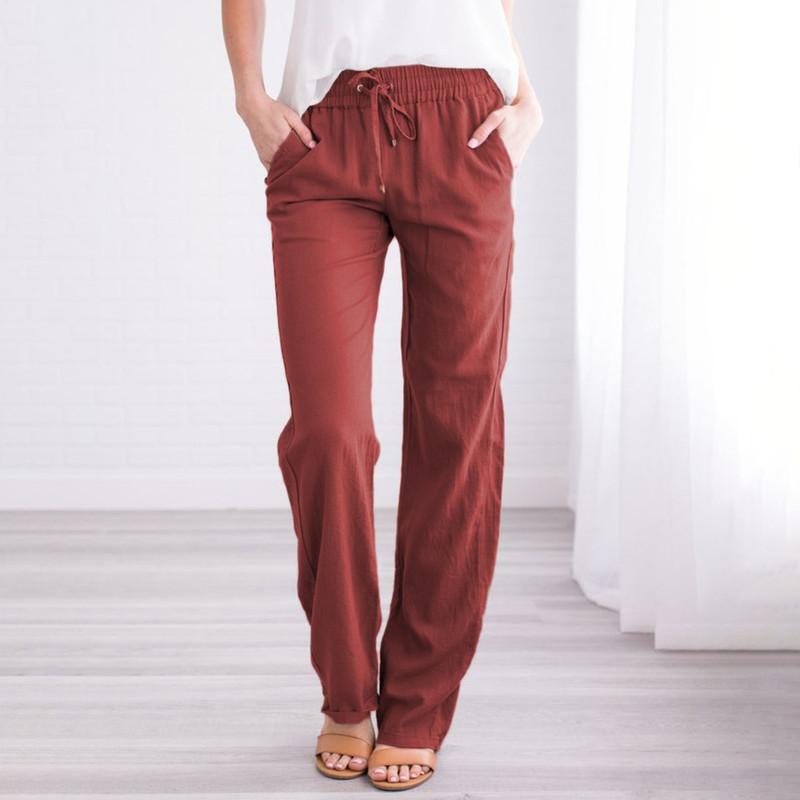 Spring and Summer Women's Fashion Solid Colour Cotton and Linen Drawstring Loose Casual Wide Leg Trousers