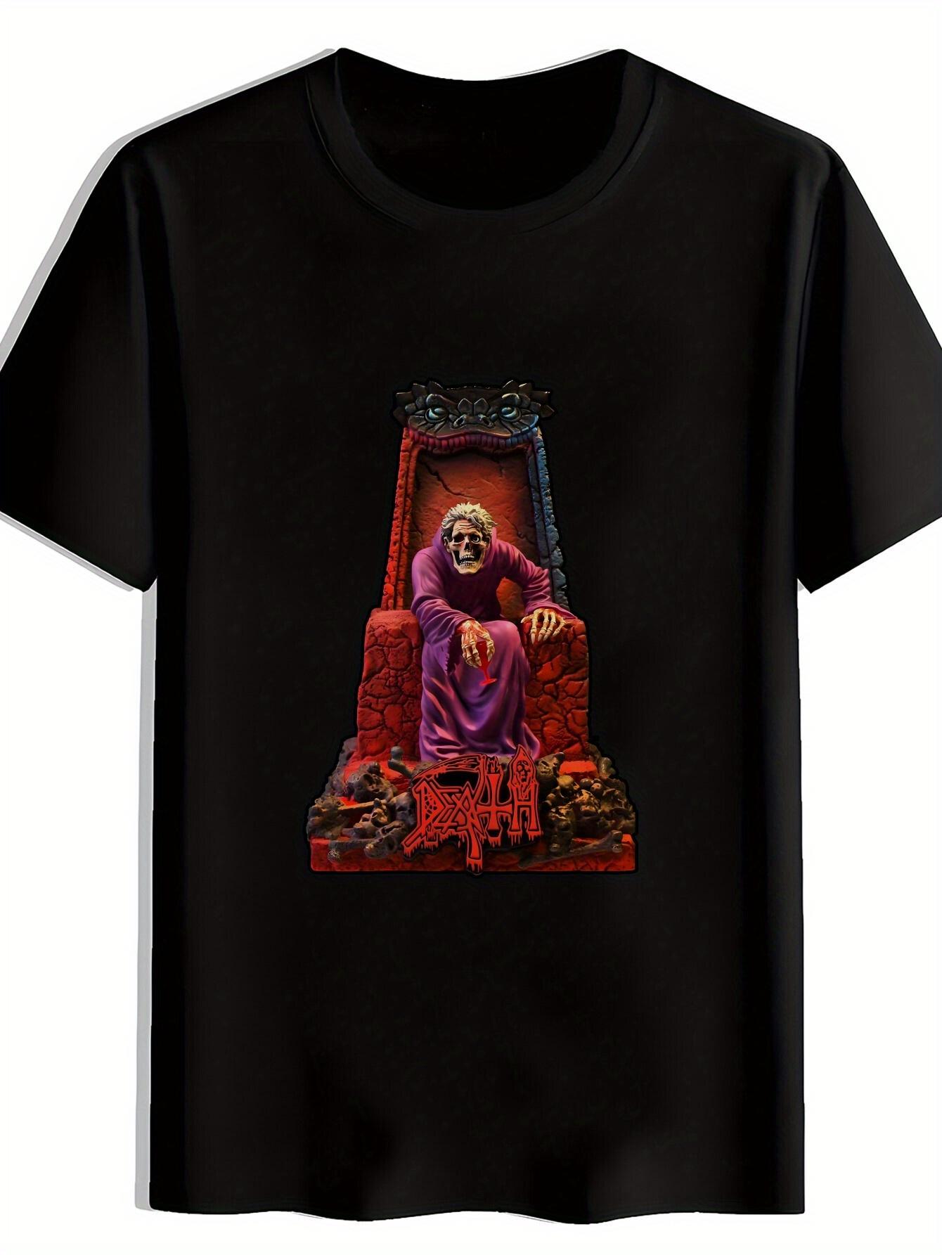 

Vintage Gothic Rock Band Graphic T-shirt - Black Short Sleeve Round Neck Tee with Skeleton Throne & Skull Print S