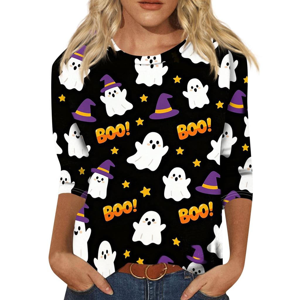 Women's Casual 3/4 Sleeve Halloween Graphic Top Crew Neck Printed Shirt Lightweight Comfortable Fit