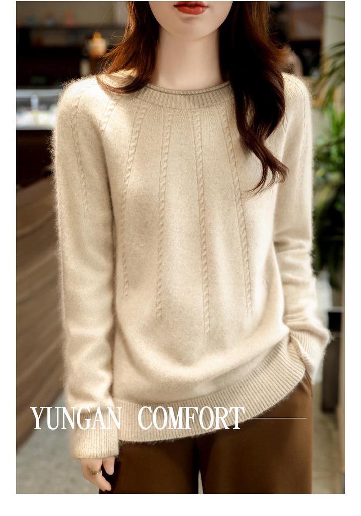 New Women's 100% Wool Cable Knit Round Neck Sweater, Loose Fit, Rolled Hem, Autumn/Winter Pullover.