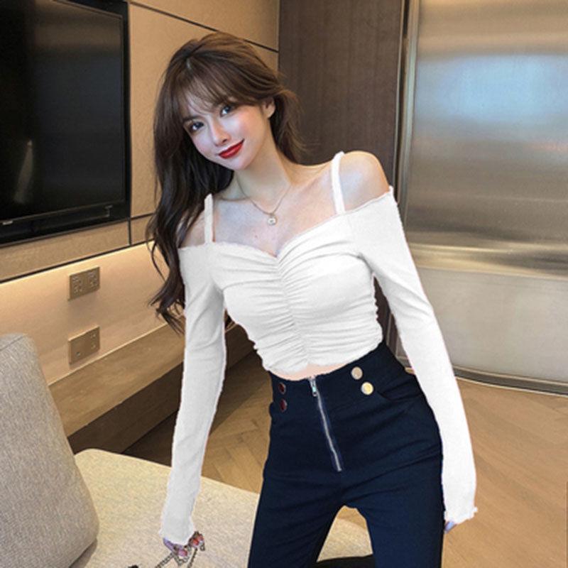 Hong Kong Style One-Shoulder Clavicle-Revealing Crop Top for Women