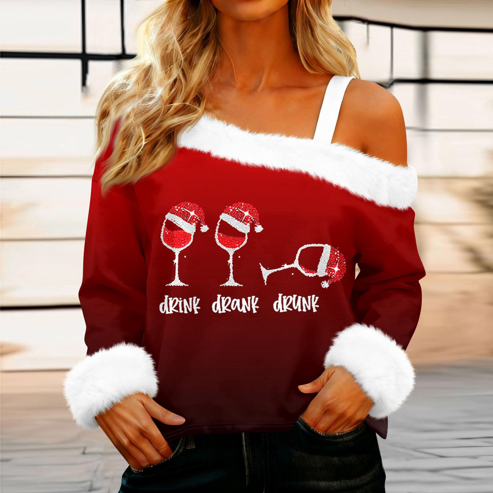 

Женская повседневная модная сексуальная футболка с открытыми плечами, рождественским узором, длинным рукавом и круглым вырезом M винный