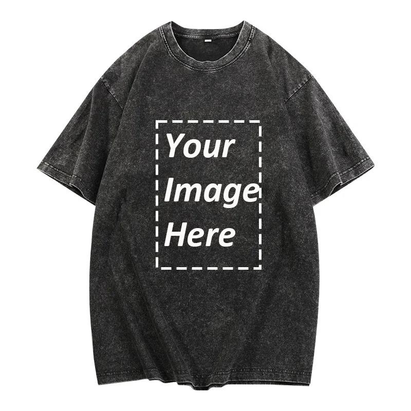 230g Heavy Men Women Washed Vintage Customized Print Oversized T-Shirts Street Hip Hop Punk Harajuku Casual Cotton Short EU Size S