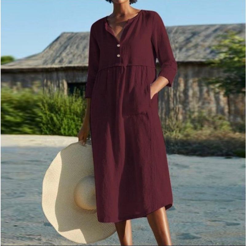 Φόρεμα Μονόχρωμο με Στρογγυλή Λαιμόκοψη, Τσέπη με Κουμπί στο Μανίκι