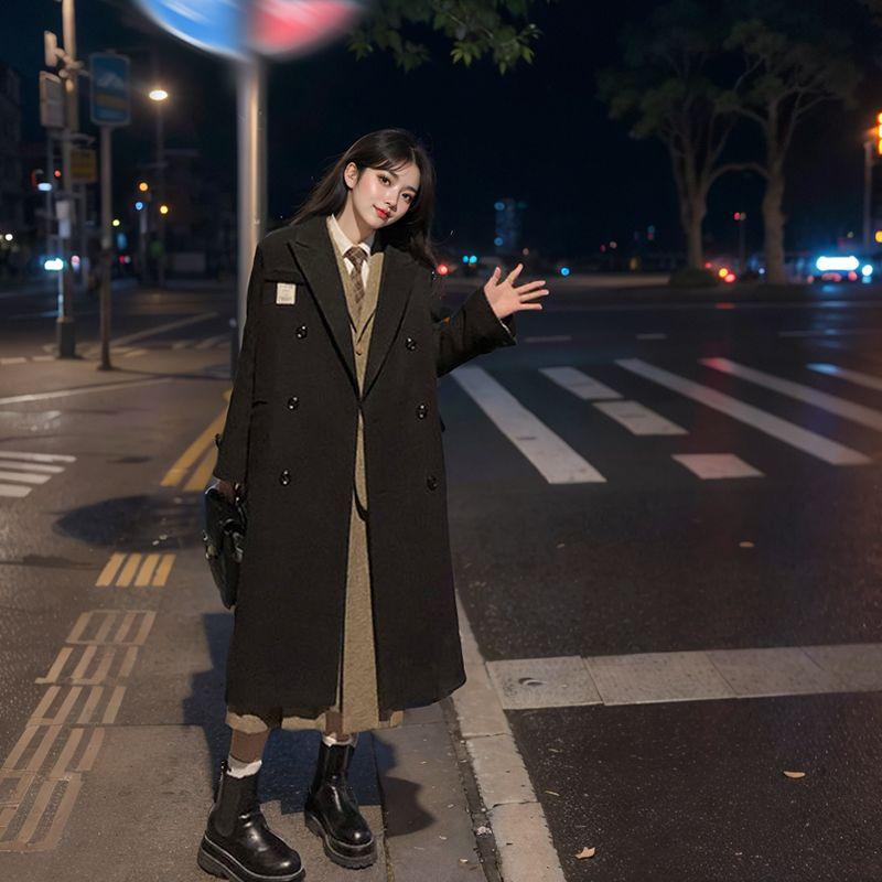 Hepburn Woolen Coat for Women Loose New K-style New Arrival Mid Length Long Length Thickened Black Winter Above the Knee Woolen Outwear