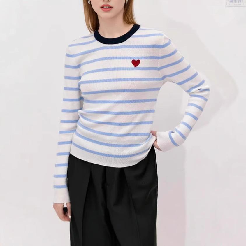 

2024 Women s French Casual Heart Embroidered Color Block Crew Neck Sweater – Autumn/Winter Long Sleeve One Size [Anti-Pilling Fabric]