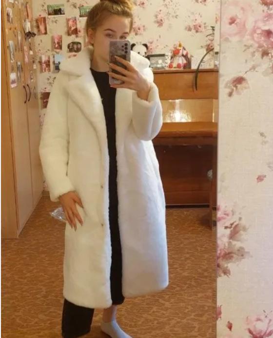 

Очень длинное женское пальто из искусственного кроличьего меха с поясом - Утепленная, теплая, плюшевая зимняя куртка XXL