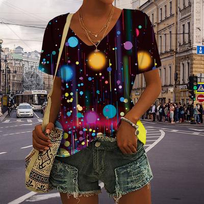 Damen V-Ausschnitt Kurzarm Lila Farbige Leicht Bedruckte Oberteile Lockeres T-Shirt Lässige Bluse