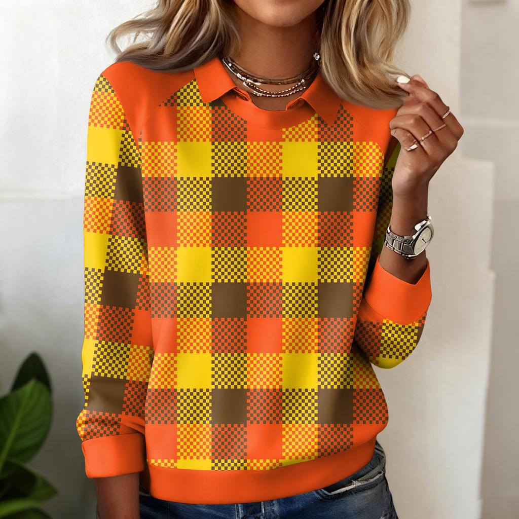 Damen Karomuster Bedrucktes Lässiges Langarm-Sweatshirt-Top