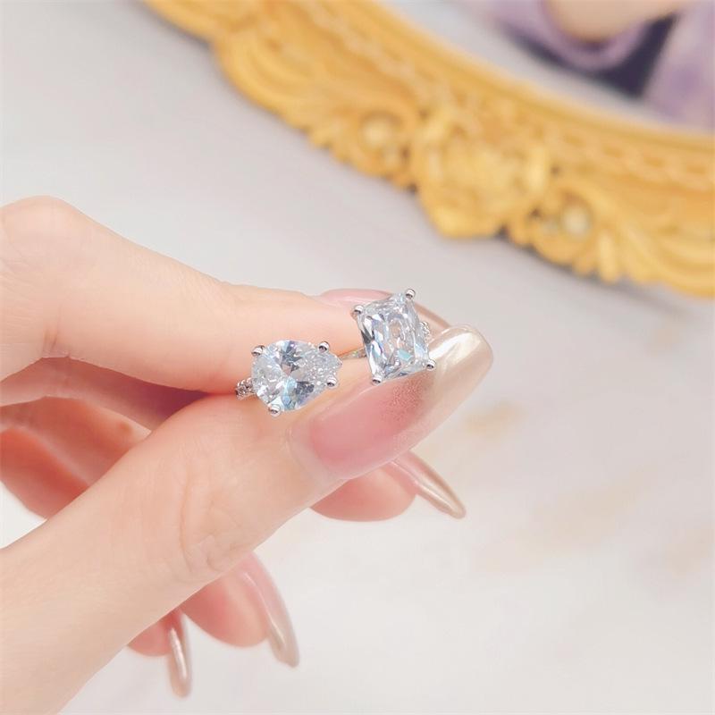 Geometric Square Diamond Open Ring: Light Luxury, Super Shiny, Niche Design for Women Adjustable Open
