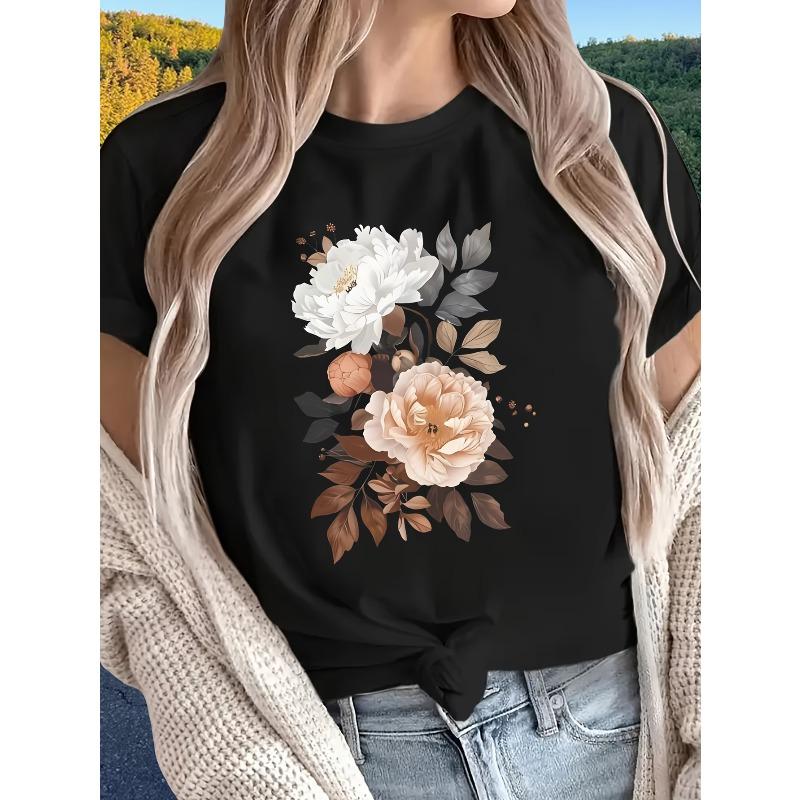 European Size Women'S Casual Summer Graphic Tee - Vibrant Floral Print Short Sleeve Crew Neck T-Shirt, Yellow with White & Pink Flowers,Casual Attire