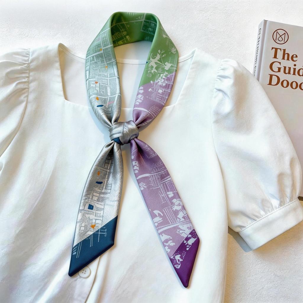 New slender strip double-layer scarf decorative silk scarf commuting spring and summer diagonal hair scarf versatile thin narrow streamer women
