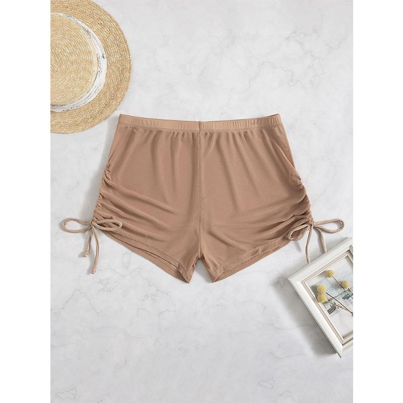 Women S Solid Color Sheer Mesh Drawstring Beach Bikini Shorts