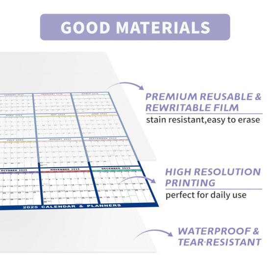 Löschbarer Kalender 2025, groß, nass und trocken abwischbar, laminiert, 12 Monate, jährlicher Wandplaner, vertikaler/horizontaler Kalender zum Aufhängen an die Wand