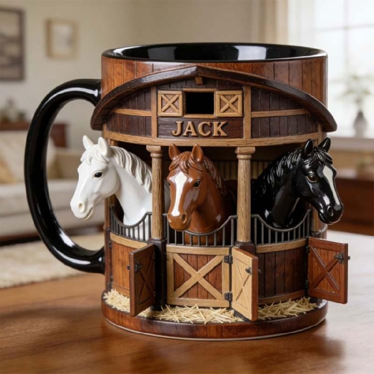 Artistic Equestrian Theme Drinking Cup Ceramic Coffee Mug With Flat 2D Print Horse Stable Pattern For Daily Use