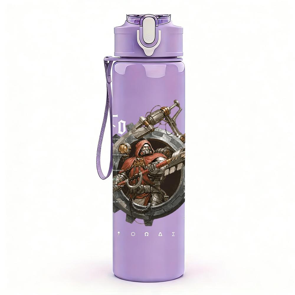 1PC Dark armored fantasy creature print 750ml colorful plastic sports water bottle leakproof pop up lid with straw for outdoor work home use
