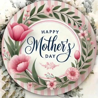 8x8 Round Happy Mothers Day Floral Wreath Metal Wall Art for Bar Kitchen Cafe Decor