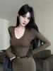 2025 Autumn French V-Neck Waist-Cinching Long-Sleeve Dress for Women - Sexy Short Date Skirt
