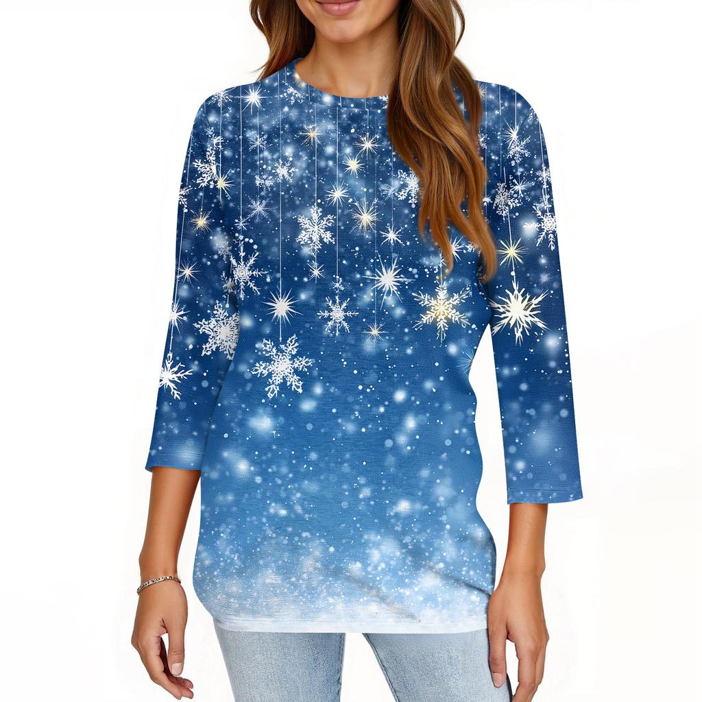 Damen T-Shirt mit Weihnachtsdruck, 3/4-Ärmel, für den Alltag, Wochenendmode, Basic, Rundhalsausschnitt, normales Oberteil