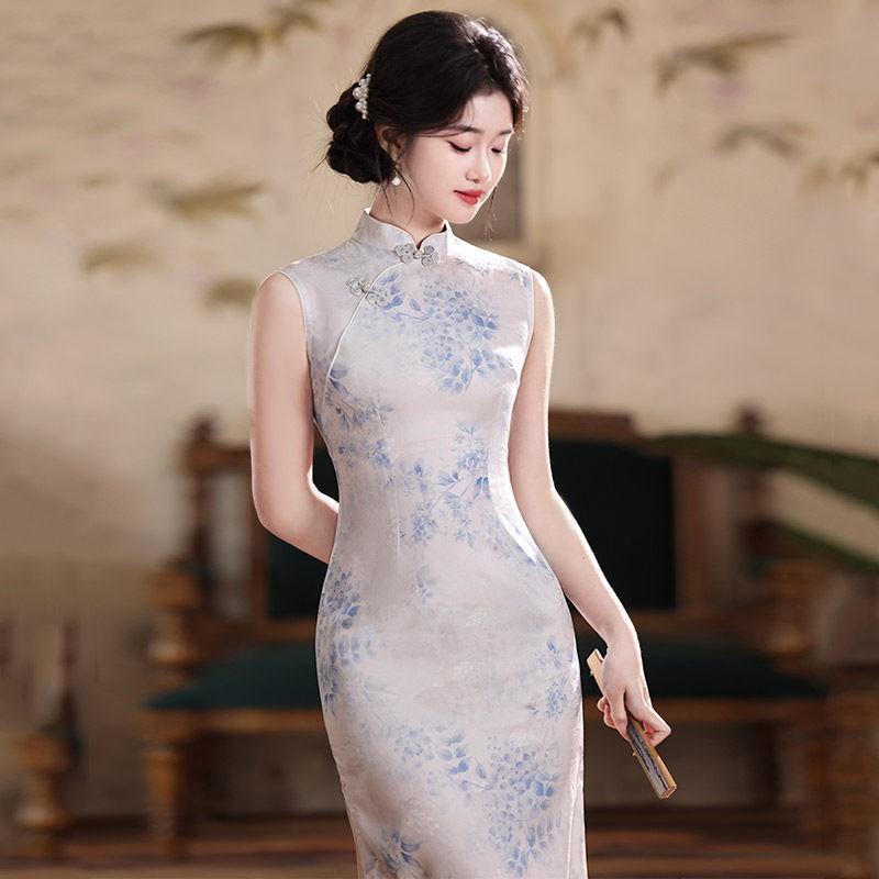 Long Sleeveless Cheongsam Dress In Blue White Porcelain Print Modern Chinese Style Women 2026