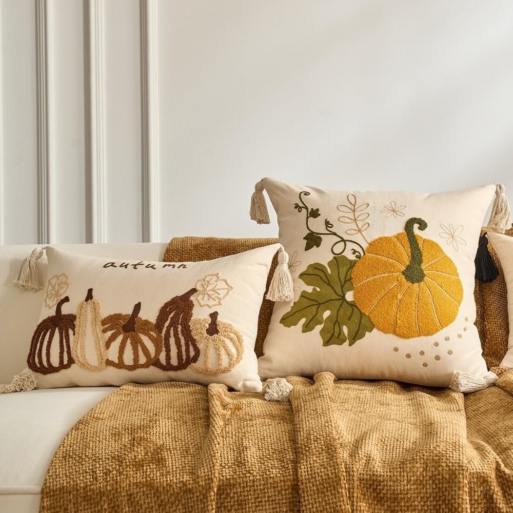 Rustic Style Throw Pillow Cover Pumpkin Tufted Autumn Pillowcase Plush Pillow Covers  Fall Decor