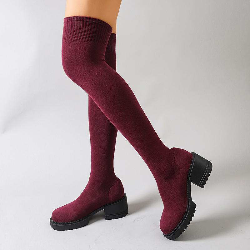 Fashion Chunky Heel Over The Knee Boots Women Plus Size 35-42 Stretch Knitted Sock Boots Woman Non Slip High Heels Long Botas