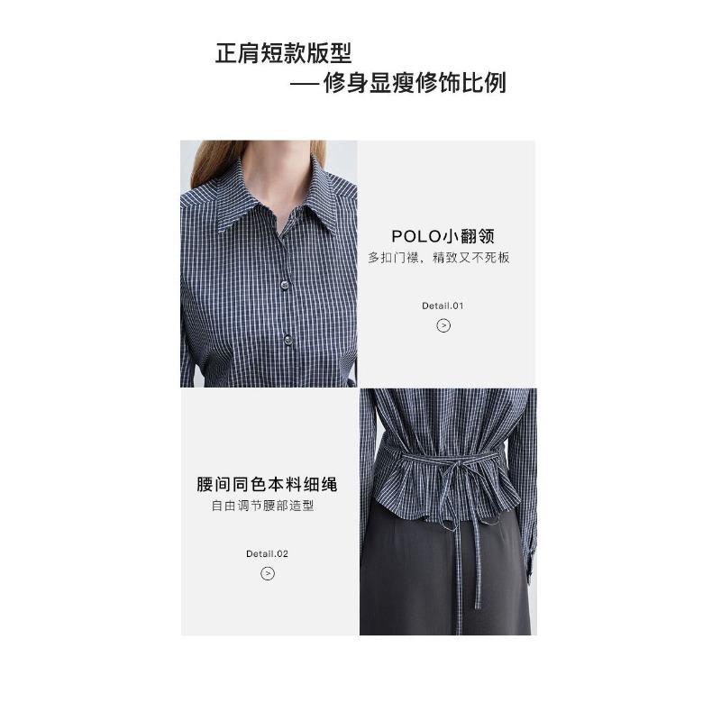 Women Gingham Plaid Shirt Back Tie Waist Puff Sleeve Blouse