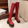 Punk Style Women's Knee High Boots, Fashionable Round Toe Boots, Autumn and Winter Thick Soled High-heeled Women's Boots