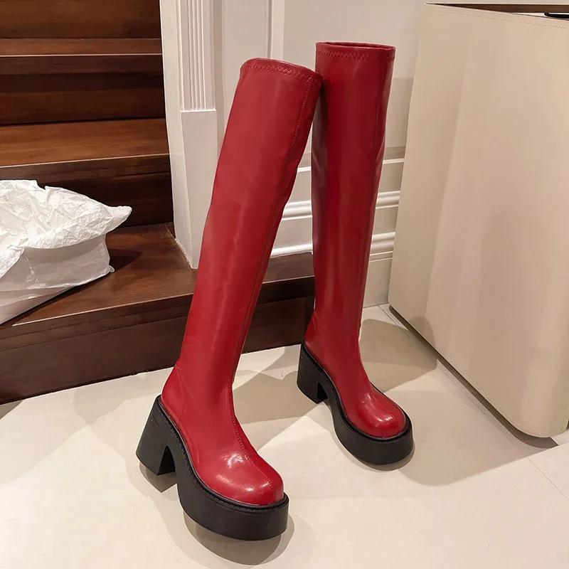 Punk Style Women's Knee High Boots, Fashionable Round Toe Boots, Autumn and Winter Thick Soled High-heeled Women's Boots