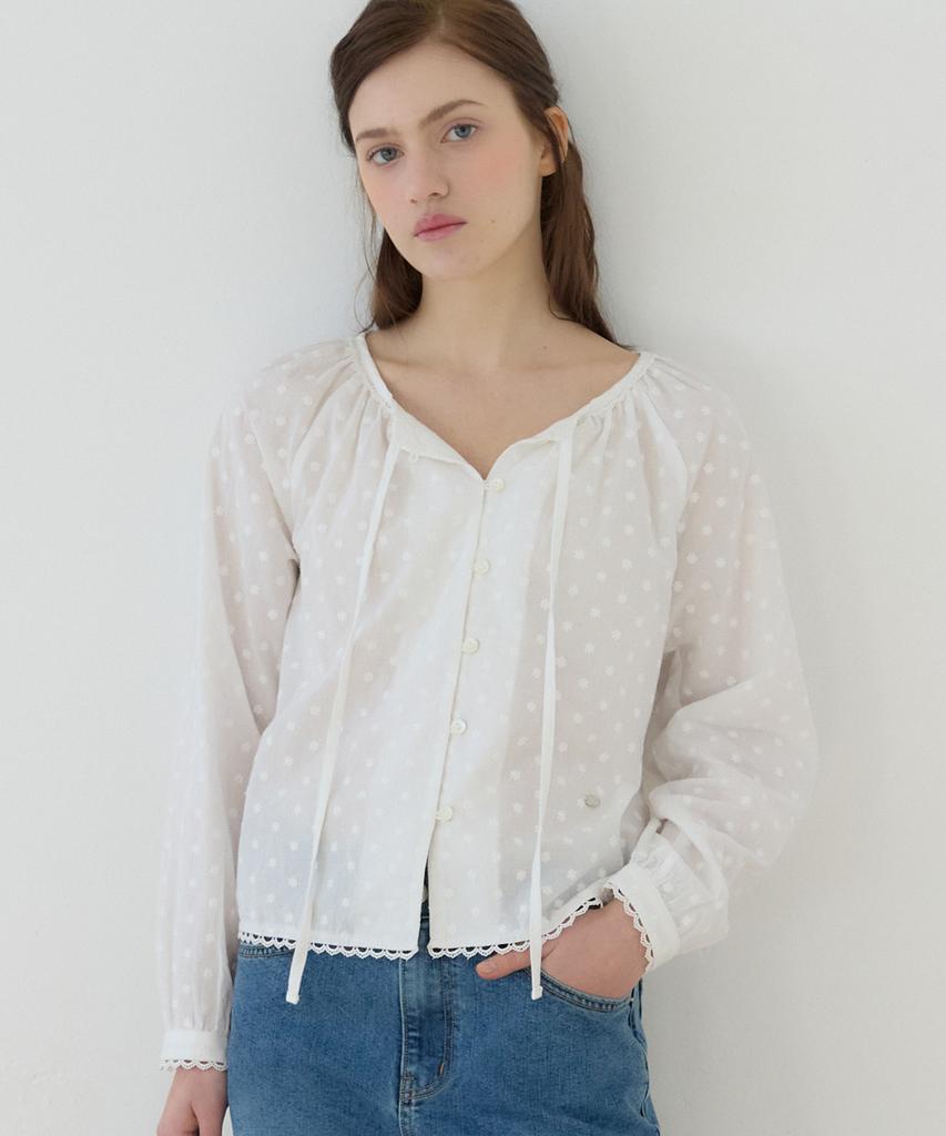 OURHOPE Atelier Ribbon Shirring Blouse - White