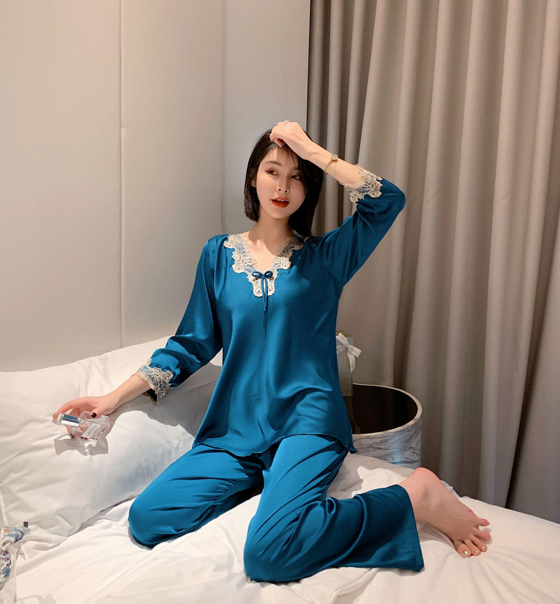 

Женская сексуальная шелковая кружевная пижама с длинными рукавами — свободный пуловер для дома на весну и осень. Large