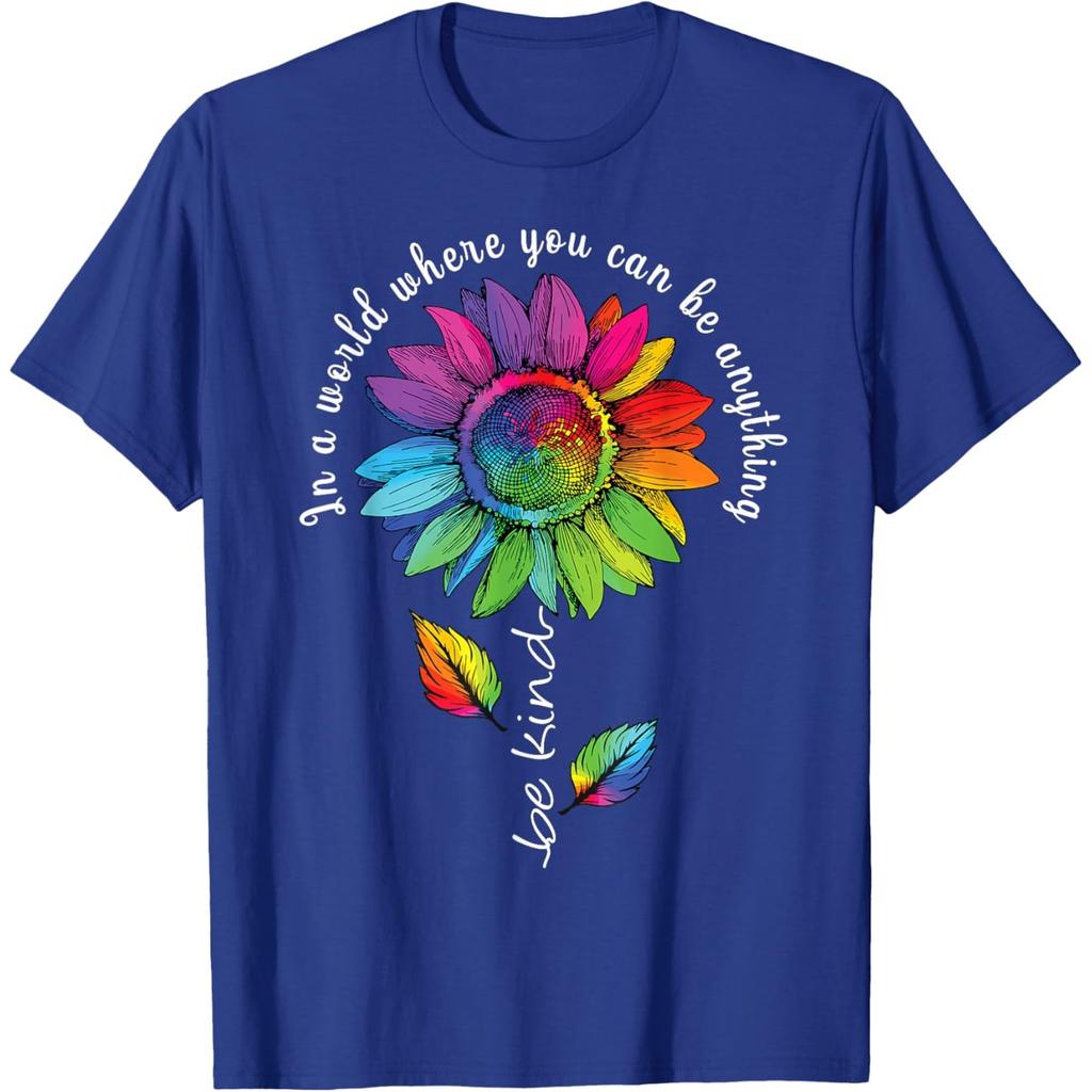 Rainbow Sunflower Be Kind Autism Awareness Graphic Tee Casual Cotton T-Shirt Unisex