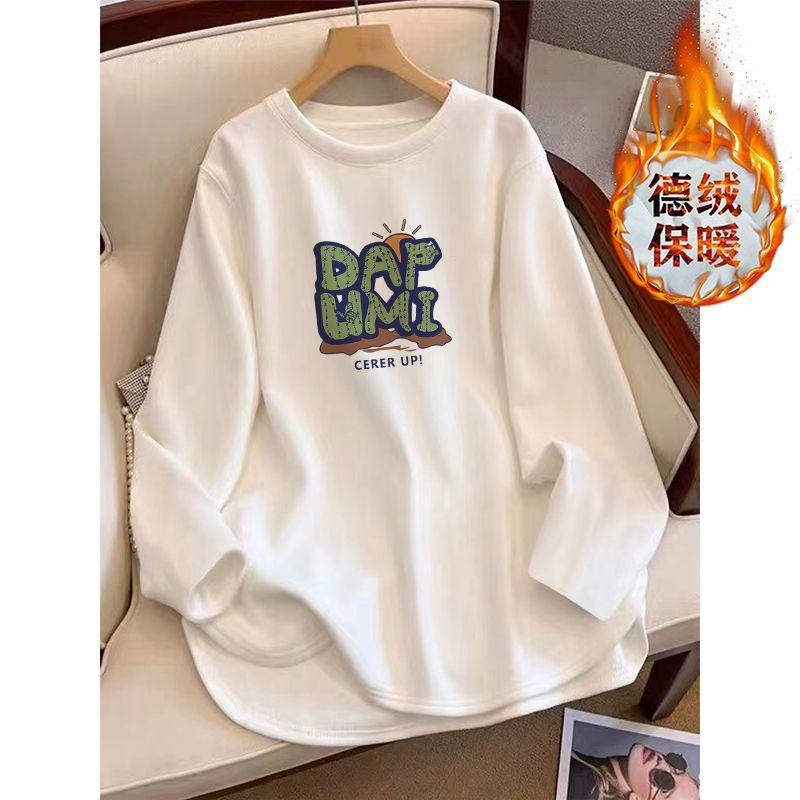 2025 New Thickened Brushed T-shirt Women's Autumn and Winter Loose Mid-length Long-sleeved Tops Bottoming Shirts