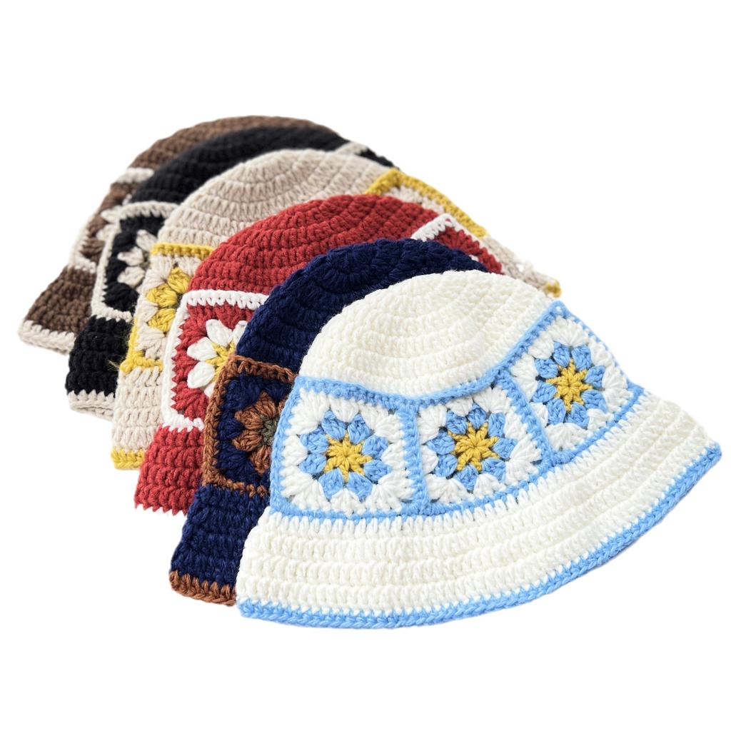 Flower Crochet Bucket Hat Women's Autumn and Winter Warm Wool Handmade Hat Foreign Style Versatile Age-reducing Basin Hat Ethnic Trend
