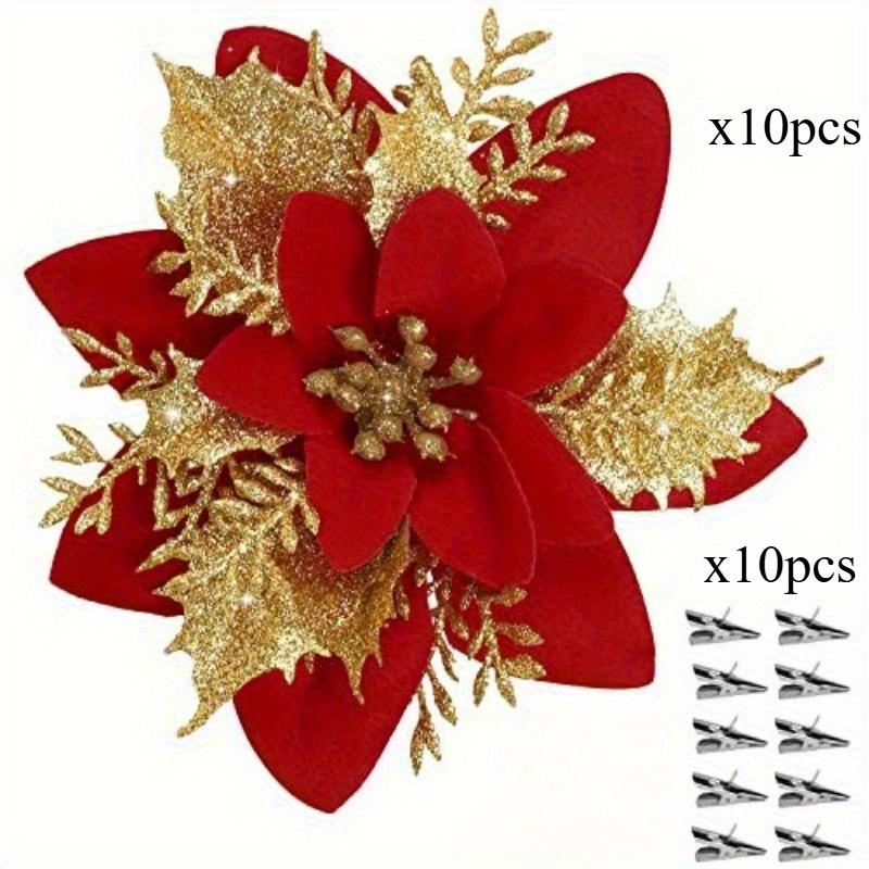 

20pcs/set Shiny Christma Tree Decorations:Poinsettia Artificial Holiday Flowers with Clips,Bougainvillea Ornaments for Christmas