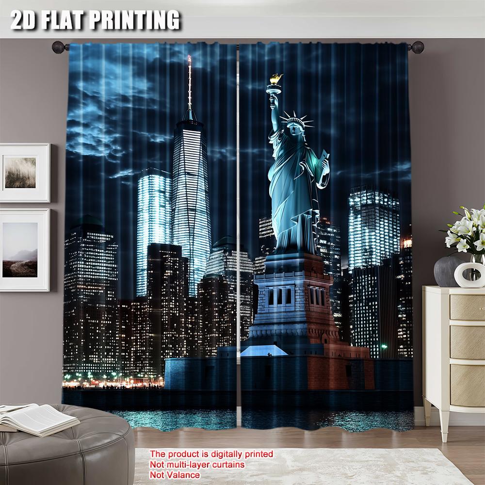 2Pcs Statue Of Liberty Curtain New York City Skyscraper Urban Night Scene Skyline Cityscape Landmark Home Decor Nyc Party