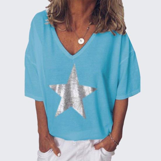 Letní dámské tričko plus size s hvězdicovým výstřihem do V a krátkým rukávem, jednobarevný volný top