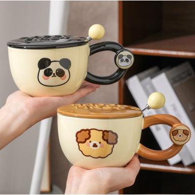 Round Animal Breakfast Cup with Lid Spoon Ceramic Couple Home Cup Super Cute Water Cup Creative Mug