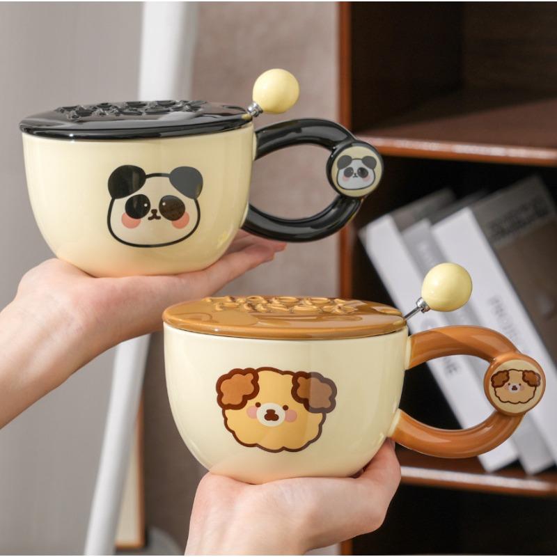 Runde Tier-Frühstückstasse mit Deckel Löffel Keramik Paar Heimtasse Super Süße Wassertasse Kreativer Becher