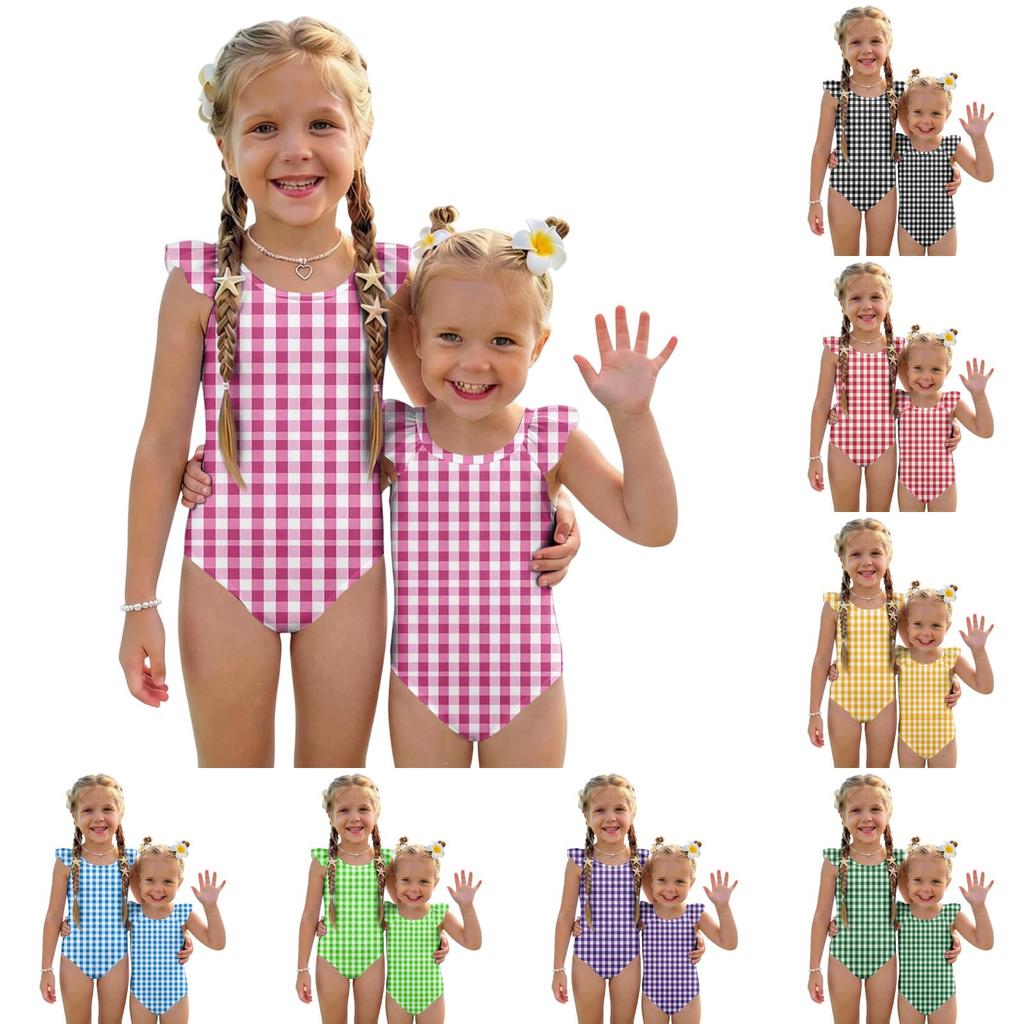 Girls One Piece Swimsuit Plaid Print Sleeveless Ruffled Shoulder Swimwear Kids Casual Summer Bathing Suit