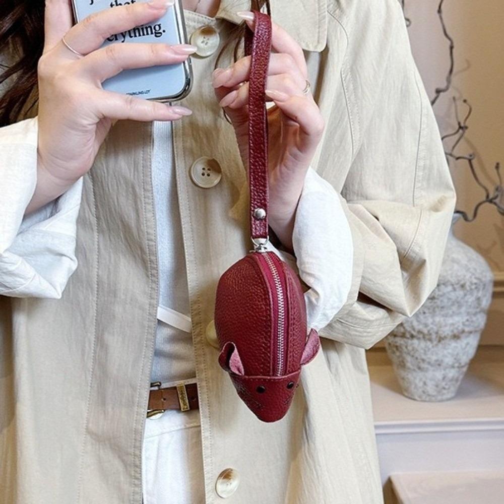 PU Leather Mouse Shape Coin Purse Creative Animal Change Purse Keychain Wristlet Pouch Travel