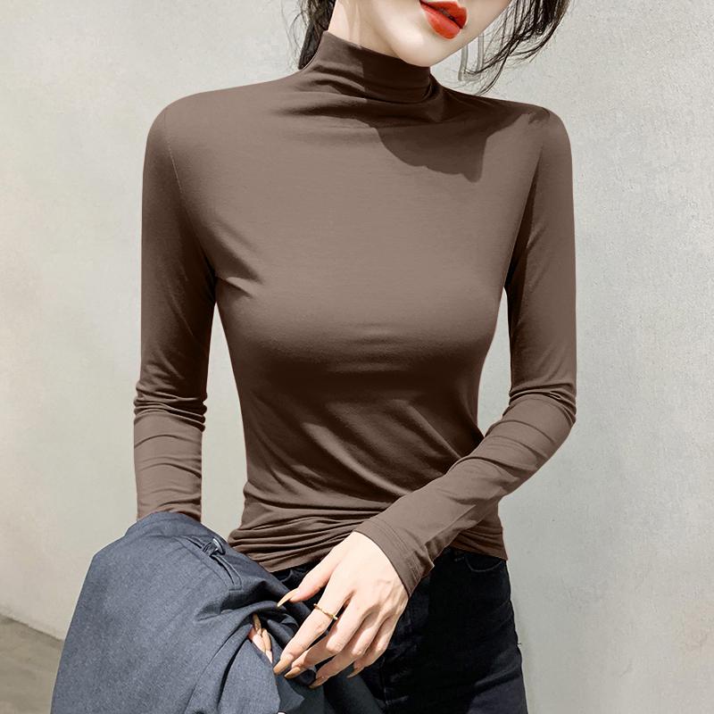 Women's Modal High-Elastic Base Layer: Semi-High Neck, Slimming Long Sleeve T-Shirt for Spring, Autumn, Winter.