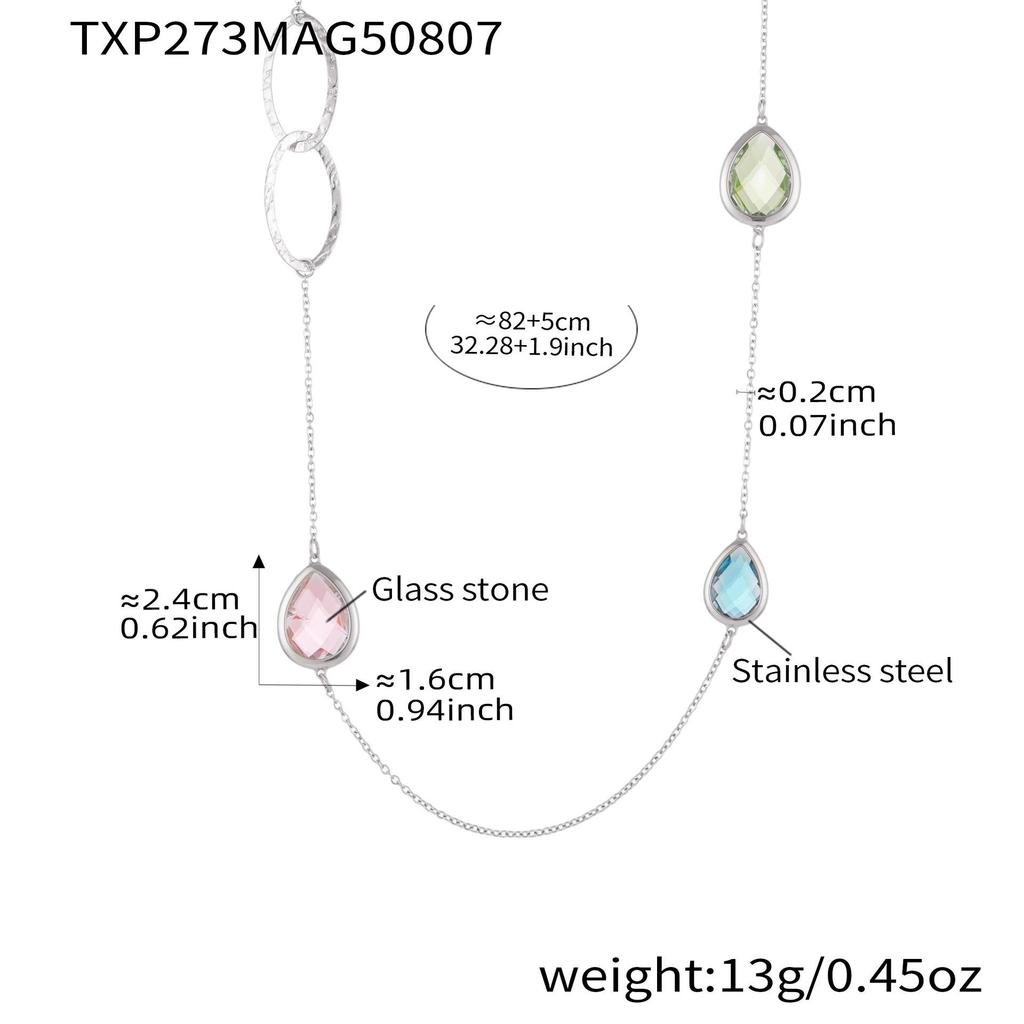 European & American Water Drop Glass Stone Long Sweater Necklace with Hollow Round Ring in Non-Fading Titanium Steel