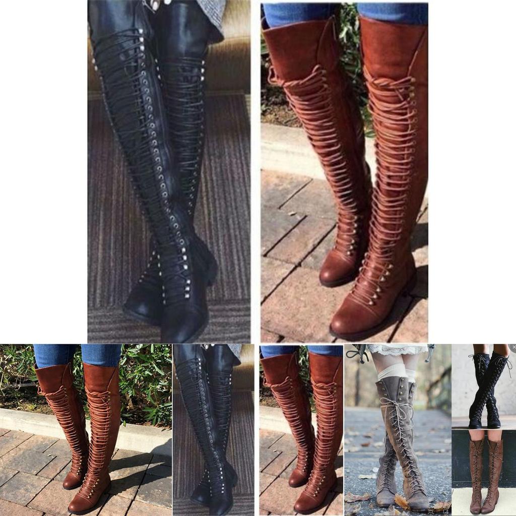 Elegant Womens Over The Knee Lace Up Bandage Thigh High Combat Low Heel Boots Flat Shoes For All-day Comfort