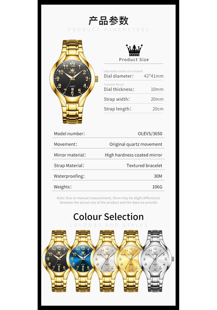 OLEVS 3650 Classic Luxury Golden Men's Watch Auto Date Stainless Steel Waterproof Luminous Original Quartz Wristwatch for Man