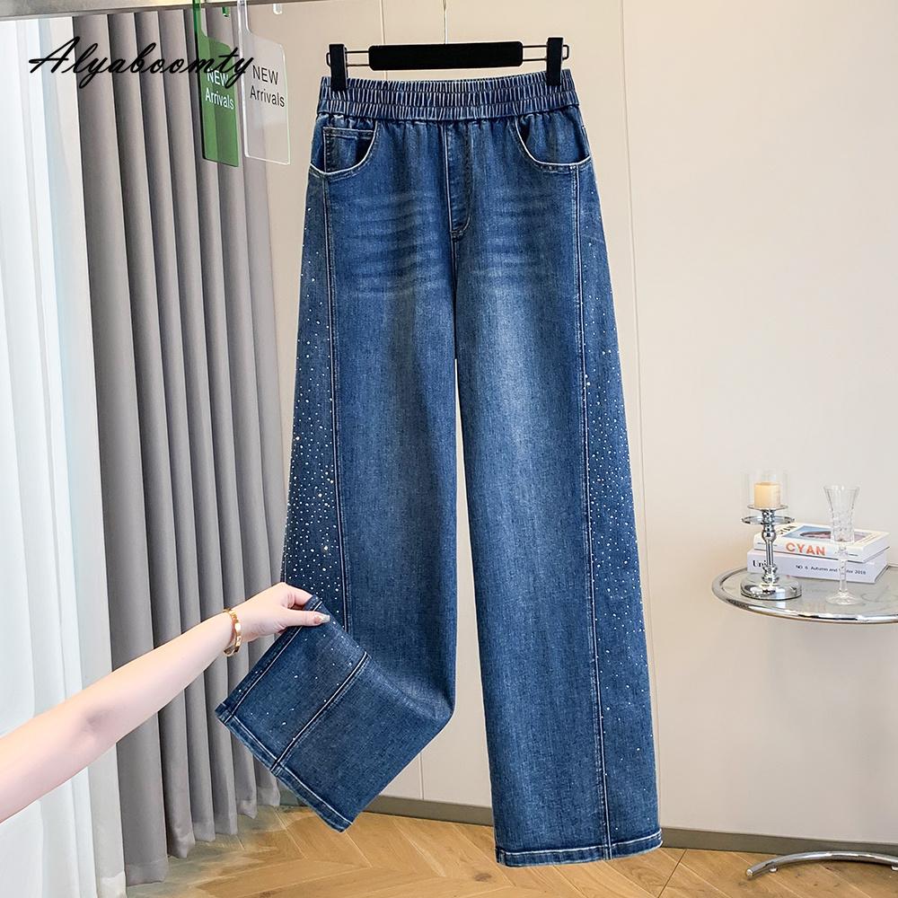 Extra Size Spring Autumn Women Wide Leg Jeans Elastic Waist Blue Diamonds Luxury Denim Trousers Vintage Elegant Basic Ladies' Jeans XL-5XL