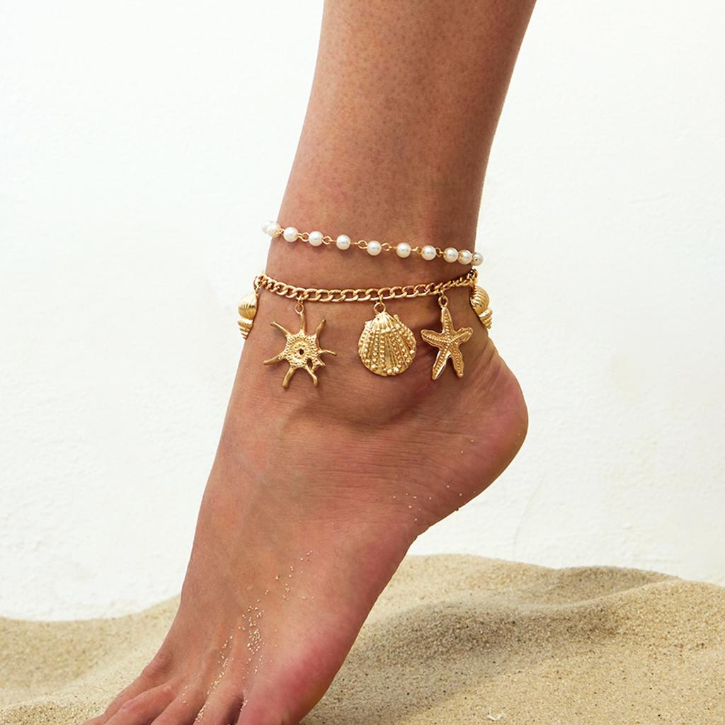 Beach Resort Style Starfish Scallop Shell Anklet, Simple Imitation Pearl Chain Rice Bead Foot Decoration For Women