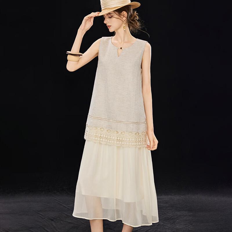 Wudao Tencel Linen Blend Lace Tassel Sleeveless Faux Two-Piece Straight Maxi Dress XL
