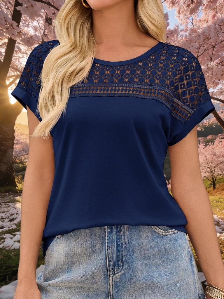 Womens Hollow Out Lace Top Crew Neck Short Sleeve Loose Dressy Summer Shirt